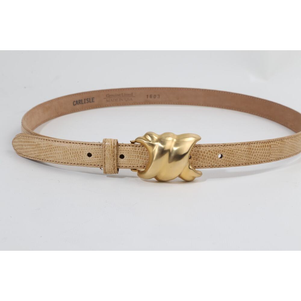 VINTAGE CARLISLE Women's Lizard Embossed Leather Belt Ornate Gold Buckle Size M - Picture 2 of 6